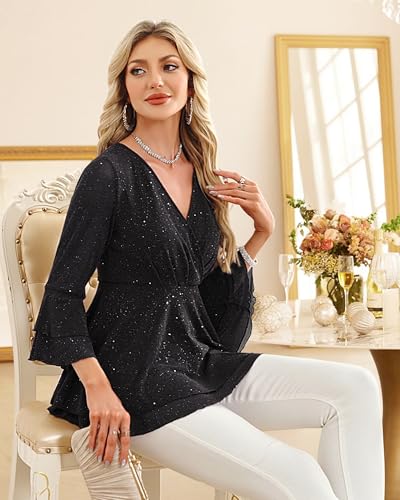 Lotusmile Women's Dressy Blouses Ruffle 3/4 Sleeve Peplum Sparkly Tops
