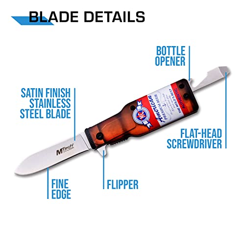 MTECH USA Folding Pocket Knife, 2.5" Blade, Beer Bottle Design, with Bottle Opener and Pocket Clip, EDC (Red)
