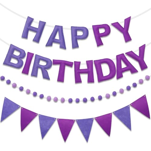 LITAUS Pre-Strung Happy Birthday Banner & Felt Garland Set - Ombre Purple Birthday Decorations for Women Men Boys Girls | ...