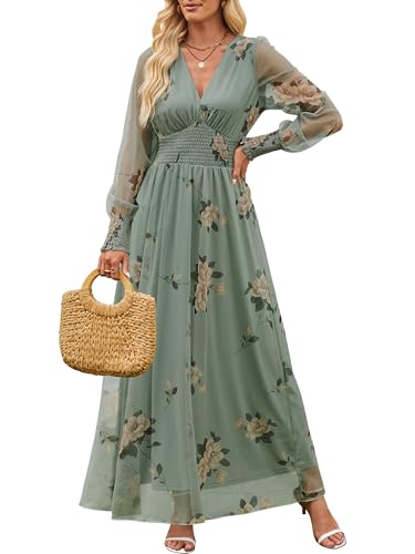 ANRABESS Women's Floral Maxi Dress 2025 Fall V Neck Puff Long Sleeve Flowy Casual Wedding Guest Tea Party Tulle Dresses