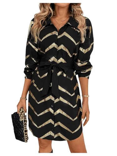 SweatyRocks Women's Metallic Gold Long Sleeve Dresses Collar Shirtdress Casino Night Party Outfit