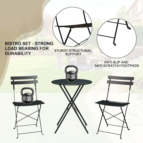 GarveeLife 3-Piece Folding Bistro Set, Foldable Patio Furniture Set with Premium Frame, Outdoor Bistro Table and Chairs Se...