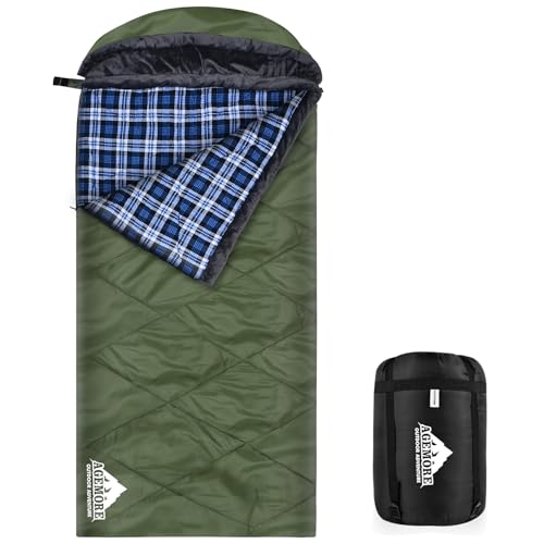 AGEMORE Cotton Flannel Sleeping Bag with Fleece Lined Hood, Waterproof XL Sleeping Bag for Adults, for Cold Weather Campin...