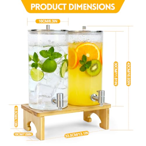 2 Pack 1.5 Gallon Drink dispenser with Stand，Glass Beverage Dispenser With Wood Stand, 18/8 Stainless Steel Spigot and Lab...
