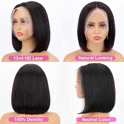 Bob Wig Human Hair 13x4 Frontal Lace Wigs Transparent Lace Short Bob Lace Front Wig Natural Black Pre Plucked Hair Extrenstion with Baby Hair (13X4 NC BOB, 14 INCH)