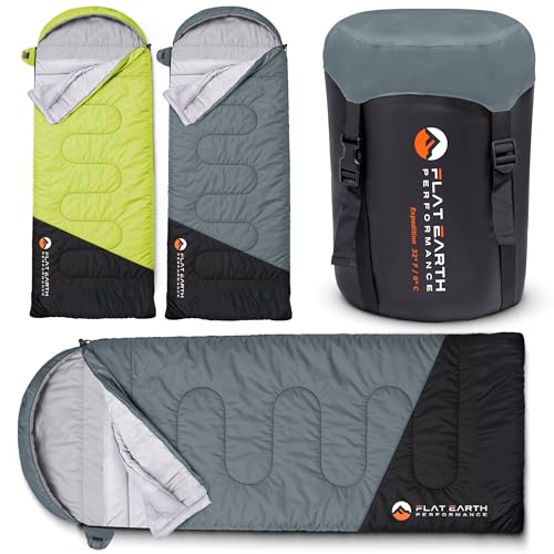 Flat Earth Performance Expedition Sleeping Bag with Compression Sack – 32°F/0°C for Teens/Adults Up to 6'2", Lightweight, ...
