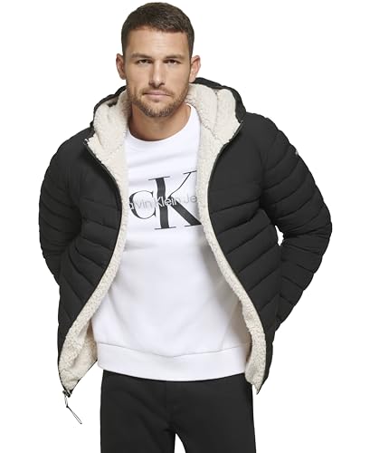 Calvin Klein Men's Lightweight Packable Down Jacket With Fleece Bib and Removable Hood