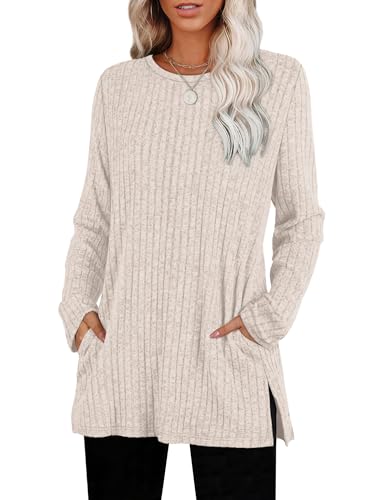SAMPEEL Womens Sweaters Crewneck Long Sleeve Shirts with Pockets Fall Outfits 2025 Fashion Winter Clothing Side Slit