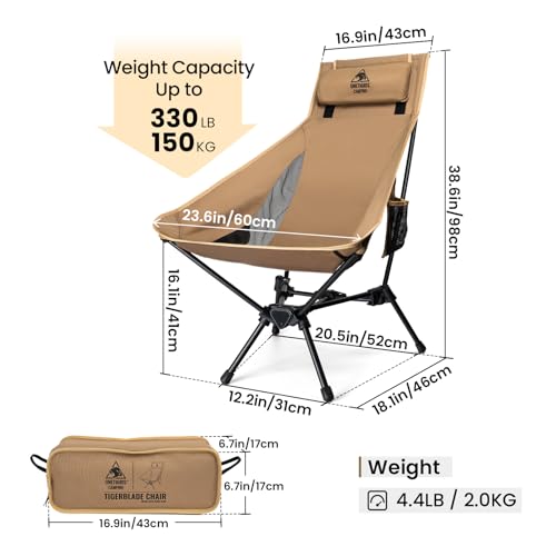 ONETIGRIS Tigerblade High Back Camping Chair with Pillow Design, Comfortable Widened Seat Folding Chair