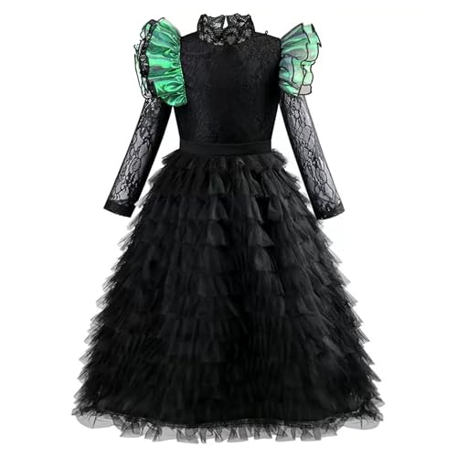 RuuYiicoco 11 Pcs Black Witch Costume Set for Girls Halloween Ruffled Dress with Cape Boom (4-5 years, Black)