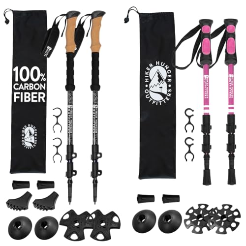 Lightweight Collapsible Trekking Poles for Kids (Pink) & Carbon Fiber Aluminum Walking Sticks with Cork Grips (Black) with...
