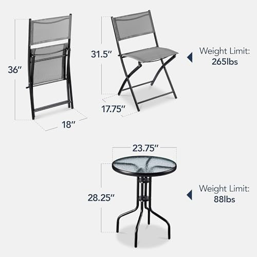 Best Choice Products 3-Piece Patio Bistro Dining Furniture Set w/Glass Tabletop, 2 Folding Chairs, Steel Frame, Polyester ...