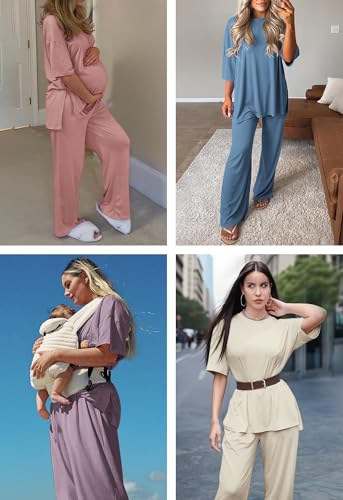 AmazingStar Womens Lounge Set 2026 Summer 2 Piece Outfits Oversized Short Sleeve Tops & Wide Leg Pant Matching Sets Clothing