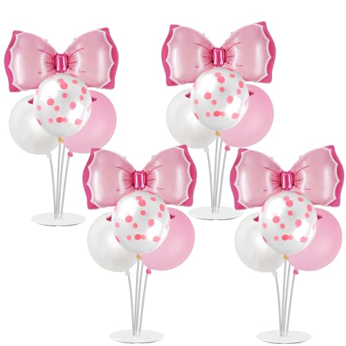 Pink Bow Party Balloon Stand Kit, 4 Sets, Table Centerpiece Decorations for Girls Birthday (pink)