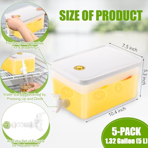 Zhehao 5 Pack Drink Dispenser for Fridge 1.32 Gallon Clear Beverage Dispenser with Leak Proof Spigot Plastic Iced Juice Le...