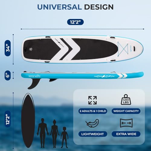 SereneLife 12’2” Inflatable Paddle Board - XL Family Stand Up Paddleboard with Seat for 2 Adults 1 Child - 34” Wide Stable...