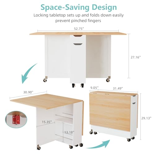 BHAODEAL Folding Dining Table with 6 Wheels, Drop Leaf Tables for Small Spaces, Foldable Dining Table with 2-Layer Storage...