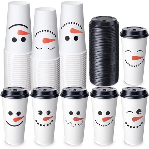 Sliner 120 Pcs Christmas Snowman Disposable Paper Coffee Tea Cups with Lids Winter Wonderland Xmas Cocoa Cups for Juice Ho...