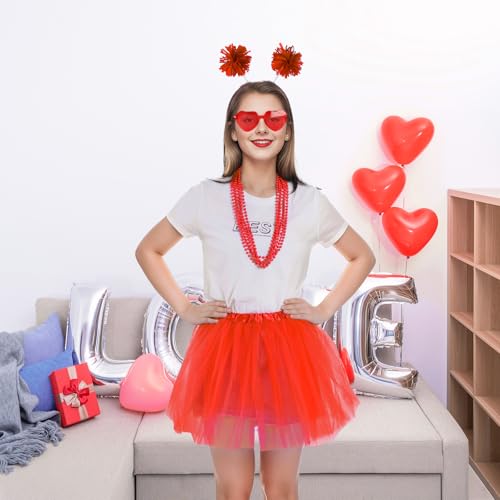 Sucrain Tutu Costume Accessories Set, Spirit Day Pom Pom Headband Necklaces Heart Sunglasses Tutu Wear for Women Party