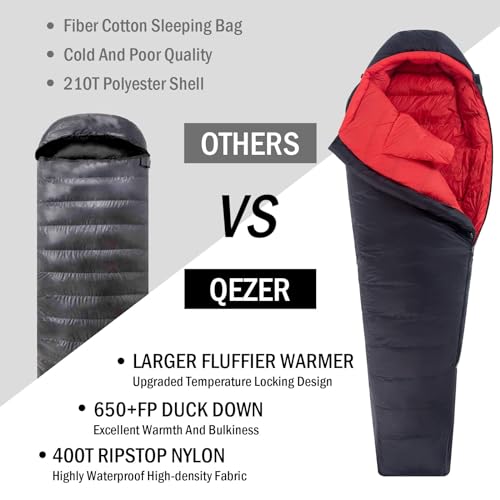 QEZER 0 Degree Sleeping Bag for Adults 650 Fill Power Down Sleeping Bag for Cold Weather -20F / -8F / 0F / 10F Large Light...
