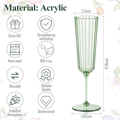 SHIQIKEJIPTY 12 Pack Plastic Champagne Flutes Sage Green Unbreakable Ribbed Champagne Glasses Detachable 5.5 Oz Disposable...
