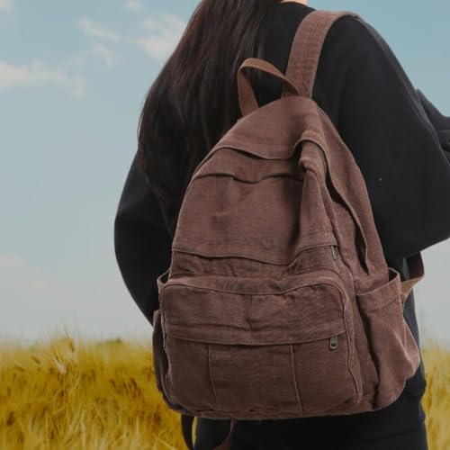 GAMLFL Coffee Brown Canvas Backpack for Women & Men Retro Aesthetic Rucksack Basic Backpack for High School/College Studen...