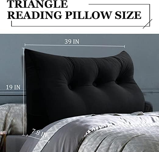 Wedge Headboard Pillow Dorm Room Reading Pillow Back Support for Sitting Up in Bed Bolster Lumbar Cushion Body Positioning Bedrest Velvet 39in Black Twin
