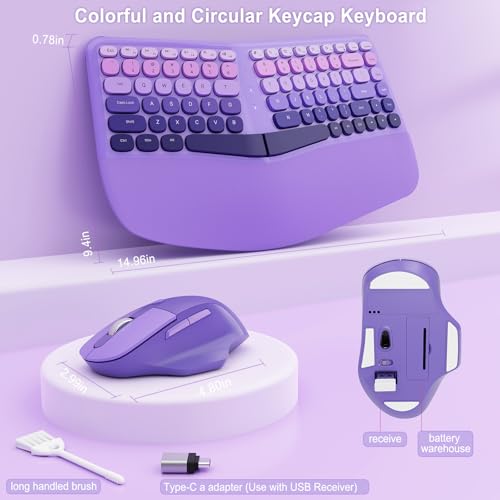 Ergonomic Wireless Keyboard and Mouse, Mechanical Gaming Set with Wrist Rest & OTG & Brush Ideal for Windows PC, Home, Off...