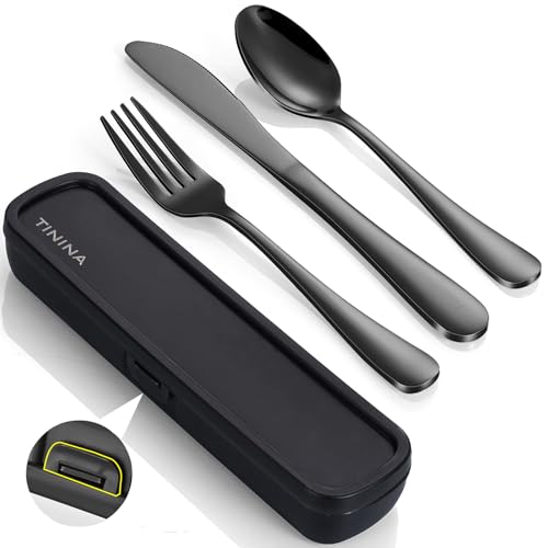 Travel Utensils with Case, 4-Piece Stainless Steel Portable Cutlery Set, Reinforced Case with Buckle Design, Lunch Box for...