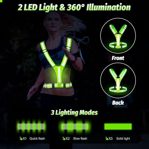 Cabbqiu LED Reflective Running Vest - Light Up With 3 Modes, Rechargeable Night Gear for Runners - Safety Belt for Women Men