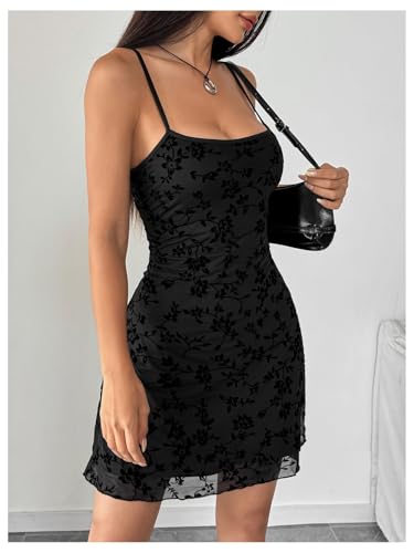 Verdusa Women's Mini Dress Floral Spaghetti Strap Mesh Dresses Going Out Festival Concert Outfits Grunge Gothic Clothes