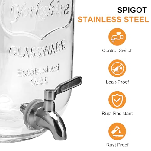 1 Gallon Glass Beverage Dispenser with Lid, Stainless Steel Spigot, Glass Drink Dispensers for Parties, Lemonade Dispenser...