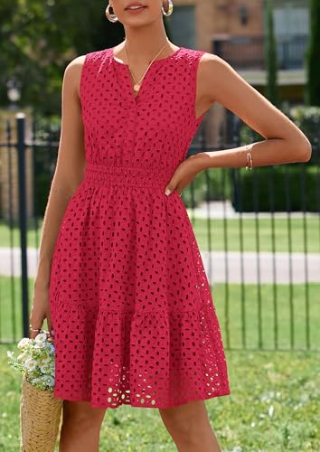 PRETTYGARDEN Women's Summer Dresses 2026 Sleeveless V Neck Eyelet Hollow Out Swing A Line Beach Vacation Sun Dress