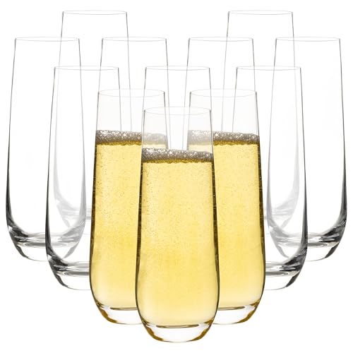 Stemless Champagne Flutes Set of 12, 10 oz Modern Clear Glasses for Champagne, Mimosas, Prosecco and Cocktails, Durable an...