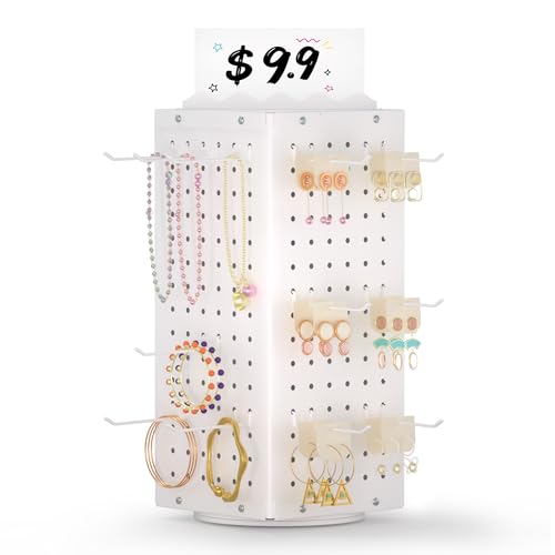 Urban Deco 360° Rotating Pegboard Display Stand with Signage, 4-Sided Spinning Peg Board Stand with 24 Hooks for Jewelry, ...