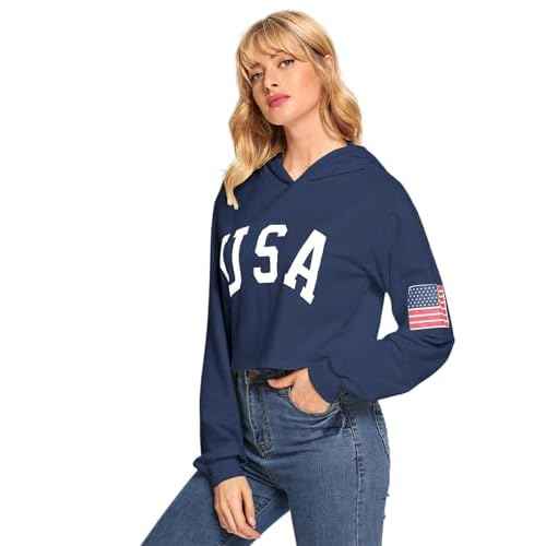 SweatyRocks Women's American Flag Long Sleeve Hoodies Letter Graphic Crop Top Hooded Sweatshirts