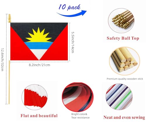 10 Pack Antigua and Barbuda Flags -AG Handheld Flag- 5x8 in, Antigua Mini Flag. Suitable For Party Decorations, Store Disp...