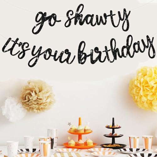 BEISHIDA Black Go Shawty It's Your Birthday Banner-11.4Feet, NO DIY-Hip Hop Theme Glitter Happy Birthday Banner - Pre-Stru...