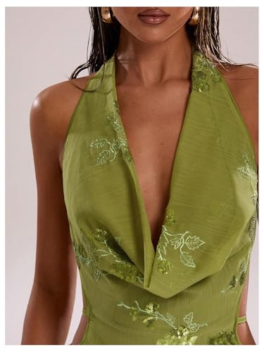 MakeMeChic Women's Floral Sequin Halter Dress Embroidery Draped A Line Y2K Mini Dresses