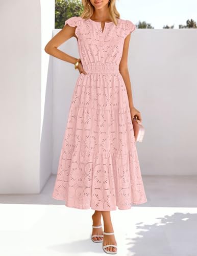 MEROKEETY Women's Summer Lace Eyelet Maxi Dress 2026 Spring Casual Boho Flutter Sleeve Tiered Flowy Beach Vacation Dresses