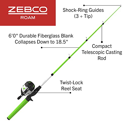Zebco Roam Telescopic Fishing Rod and Spinning or Spincast Fishing Reel Combo, Durable 6-Foot Fiberglass Rod with ComfortG...