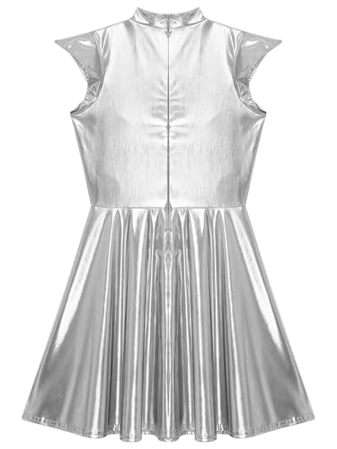 Alvivi Women Shiny Metallic Dress Holographic High Waisted Flare Skater Dress Carnival Party Outfit