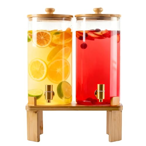 1.5 Gallon 2 Pack Glass Drink dispenser,Beverage Dispenser for parties supplies With Wood Stand,Water Dispensers with spig...