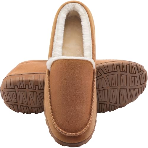 shoeslocker Men's Slippers Indoor Outdoor Warm Soft Plush Memory Foam House Slippers for Men Comfortable Bedroom Moccasin ...