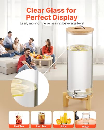 VEVOR Beverage Dispenser, 3.5 Gallon Drink Dispensers for Parties, Glass Juice Dispenser with Wood Stand, Stainless Steel ...