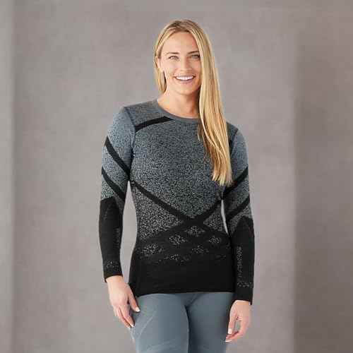 Smartwool Women's Intraknit Thermal Merino Base Layer Pattern Crew Black-Pewter Blue S