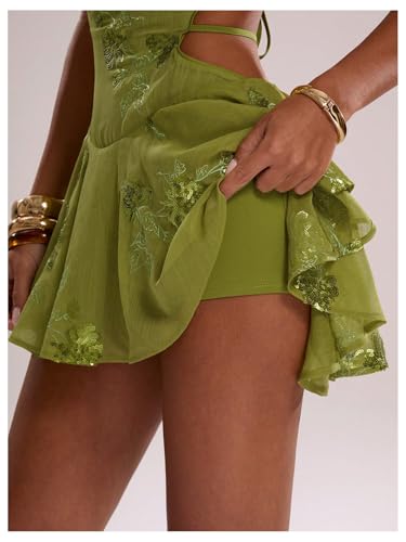 MakeMeChic Women's Floral Sequin Halter Dress Embroidery Draped A Line Y2K Mini Dresses