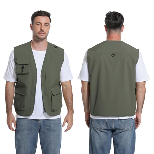 HYCOPROT Men’s Outdoor Fishing Vest, Lightweight Waterproof Sleeveless Utility Cargo Jacket for Hiking Hunting