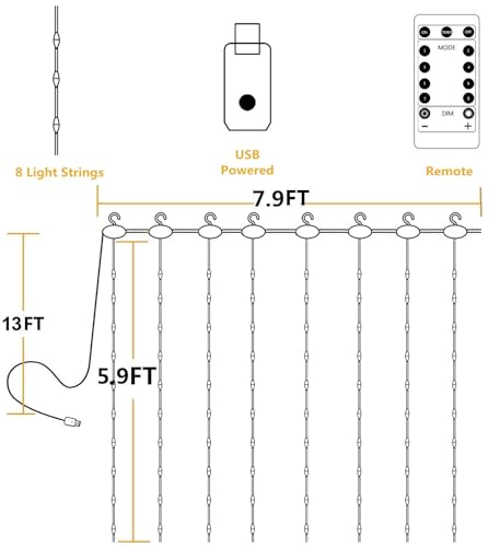 YEOLEH String Lights Curtain,7.9 x 5.9Ft 144LEDs USB Powered Fairy Lights for Bedroom Wall Decor,8 Modes & IP64 Waterproof...