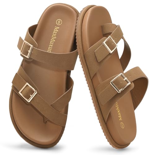 MaxMuxun Women's Slip On Slide Sandals for women 2026, Comfortable Flat Sandals with Adjustable Strap for Outdoor, Beach a...